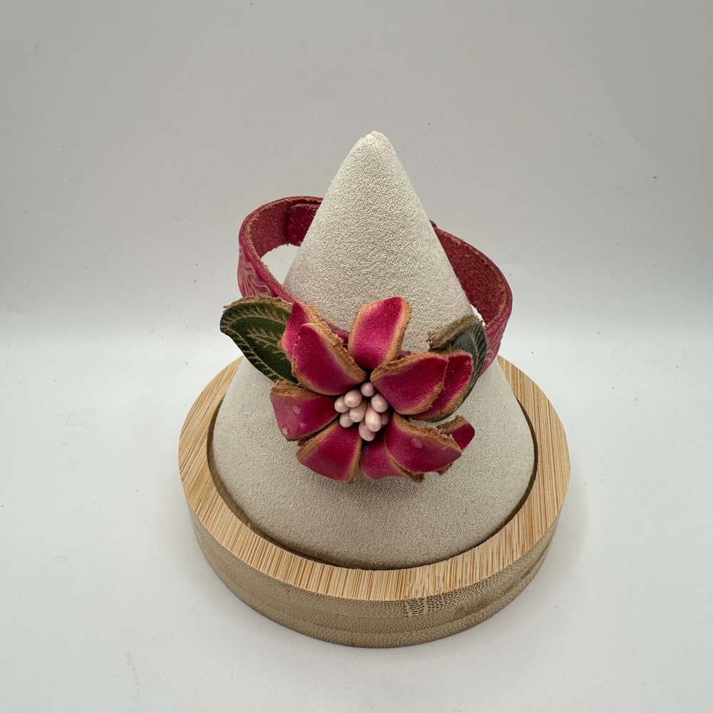 Sheng Tong Pink Embossed Leather Flower Cuff Bracelet Western Boho Snap Closure